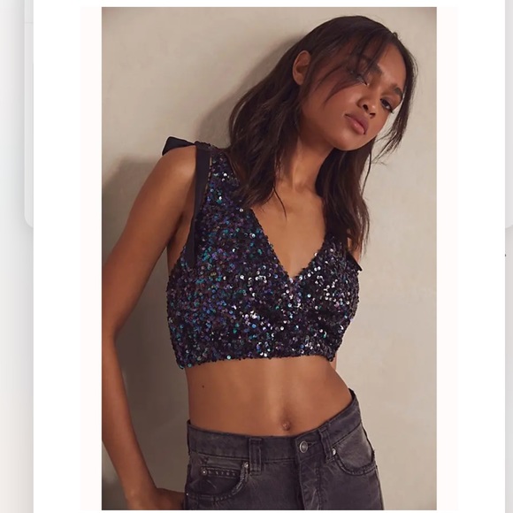 Free People Big Night Sequin Embellished Crop top bra in petrol - Picture 6 of 14